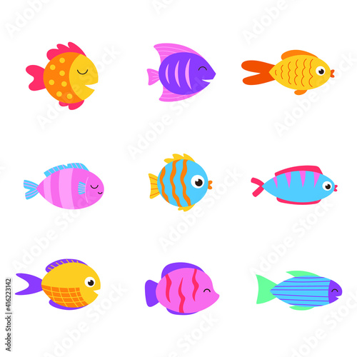 Isolated cute sea fish. Set of freshwater aquarium cartoon fish for print, children development. Varieties of decorative colored fish, flat geometric fish design