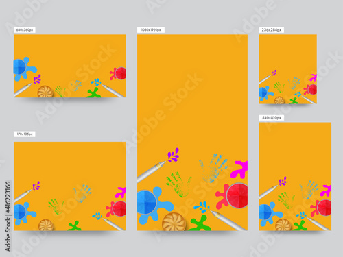 Social Media Template Post Collection With Top View Color Bowls  Water Guns  Indian Sweet  Gujia  On Yellow Background.