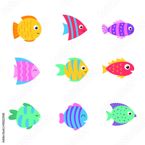 Isolated cute sea fish. Set of freshwater aquarium cartoon fish for print, children development. Varieties of decorative colored fish, flat geometric fish design