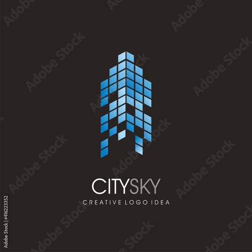 City skyline blue commercial building logo design idea. Real estate business symbol. Skyscraper made from dots  vector icon.