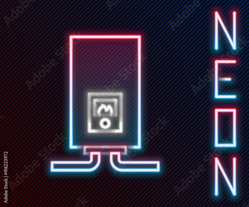 Glowing neon line Gas boiler with a burning fire icon isolated on black background. Colorful outline concept. Vector Illustration.
