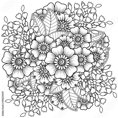 . Mehndi flower for henna, mehndi, tattoo, decoration. decorative ornament in ethnic oriental style. doodle ornament. outline hand draw illustration. coloring book page.