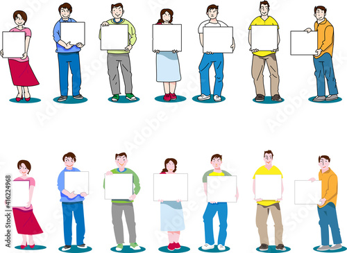 お知らせボードを持って告知する人々