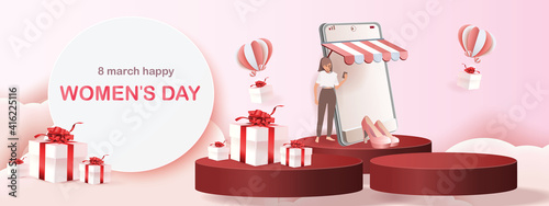 8 march Happy Women's Day illustration. Paper art pink red backgroung flower and heart 