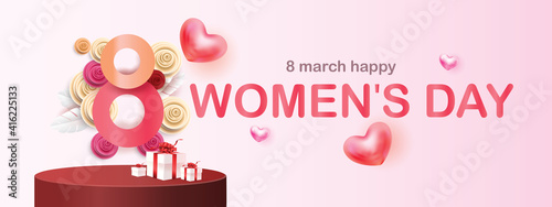 8 march Happy Women's Day illustration. Paper art pink red backgroung flower and heart 