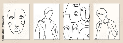 Set of Man's Face with line art faces, minimalist collage abstract contemporary fashion in a modern trendy colors.