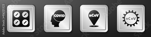 Set Pills in blister pack, Corona virus covid-19, Corona virus 2019-nCoV on location and Corona virus 2019-nCoV icon. Silver square button. Vector.