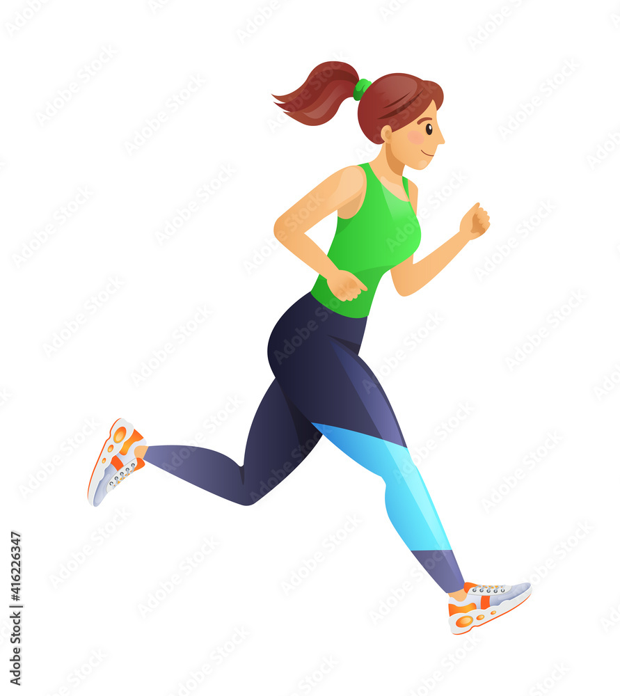Fitness running girl. Running Gear For Women. Healthy lifestyle. Sports training woman, marathon cartoon vector