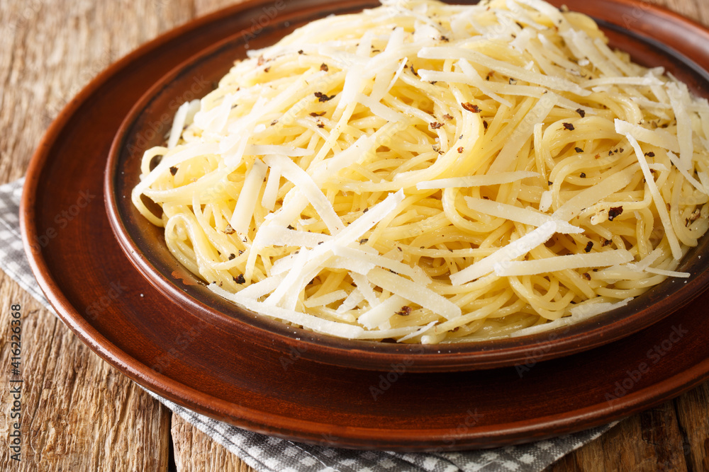Tasty Italian Spaghetti Cacio e Pepe closeup in the plate on the table. Horizontal Tasty Italian Spaghetti Cacio e Pepe closeup in the plate on the table. Horizontal