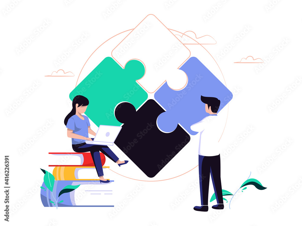Concept metaphor. People analyze the elements of the puzzle. Flat design style vector illustration. cooperation, partnership vector. Concept metaphor. People analyze the elements of the puzzle. Flat design style vector illustration. cooperation, partnership vector.