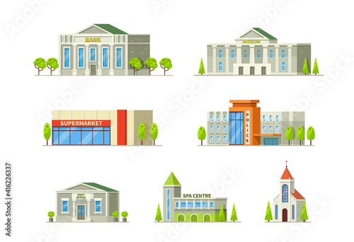 Municipal buildings set. Buildings bank, museum, supermarket, police, post office, spa center, church cartoon vector