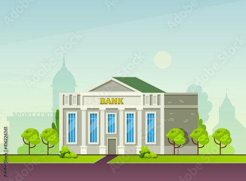 Municipal buildings. Cartoon facade bank and government building with columns.