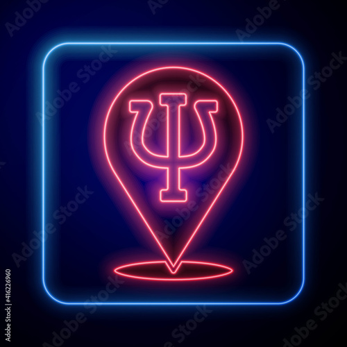 Glowing neon Psychology icon isolated on blue background. Psi symbol. Mental health concept, psychoanalysis analysis and psychotherapy. Vector.