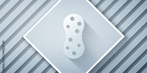 Paper cut Sponge with bubbles icon isolated on grey background. Wisp of bast for washing dishes. Cleaning service logo. Paper art style. Vector.