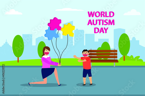 Autism vector concept: Young mother giving balloon puzzle to autistic boy in the park while wearing face mask in new normal