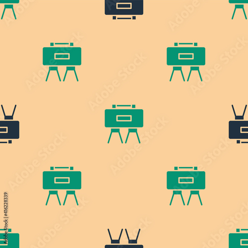 Green and black Military mine icon isolated seamless pattern on beige background. Claymore mine explosive device. Anti personnel mine. Army explosive. Vector.