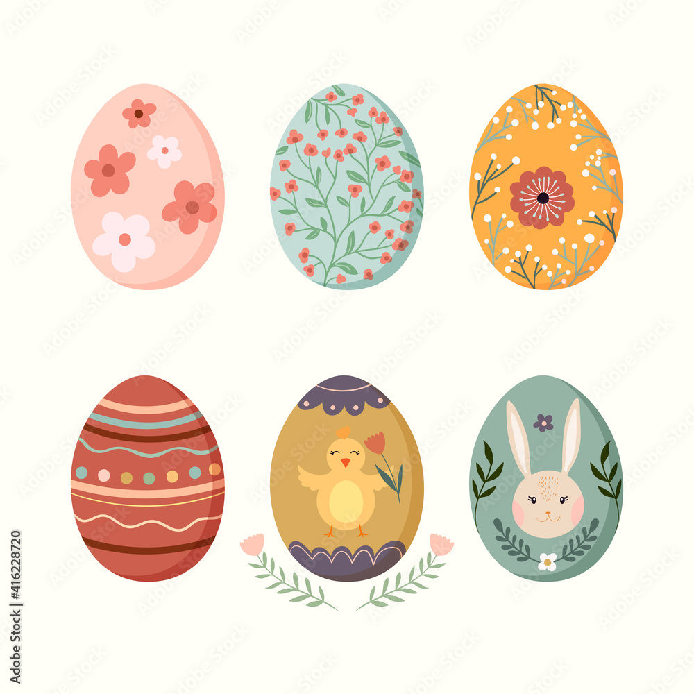 Easter eggs collection decorated with seasonal design, flowers, rabbit, chicken, isolated on white Easter eggs collection decorated with seasonal design, flowers, rabbit, chicken, isolated on white