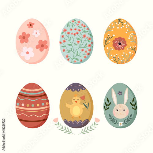 Easter eggs collection decorated with seasonal design, flowers, rabbit, chicken, isolated on white