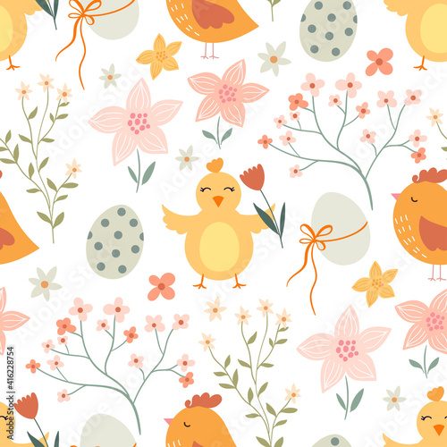 Easter seamless pattern with cute elements, chicken, eggs and flowers, pastel colors