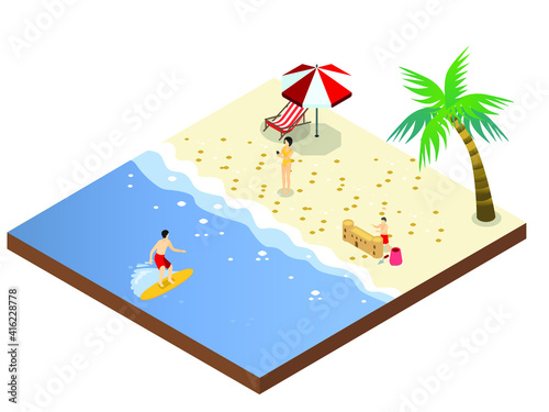 Happy family enjoying vacation on the beach while surfing, playing sand, and taking picture. Isometric vector concept