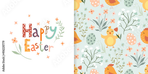 Easter set with seamless pattern and greeting card, seasonal design