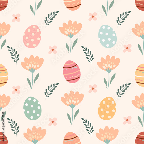 Easter seamless pattern with flowers and eggs, pastel colors, seasonal design