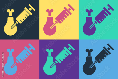 Pop art Gmo research chicken icon isolated on color background. Syringe being injected to chicken. Vector.