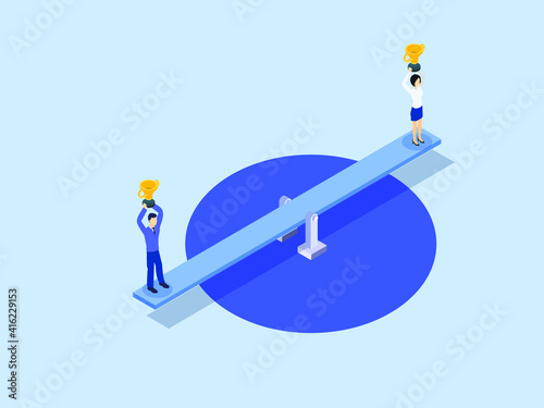Businessman equals businesswoman standing on the seesaw while holding trophy. Gender Equality isometric vector concept