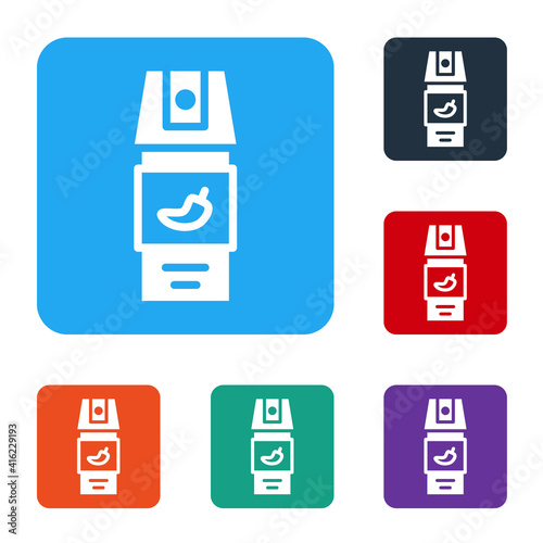 White Pepper spray icon isolated on white background. OC gas. Capsicum self defense aerosol. Set icons in color square buttons. Vector.