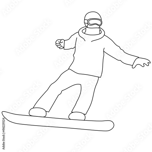 Illustration of snowboarder (line art, white background, vector, cut out)