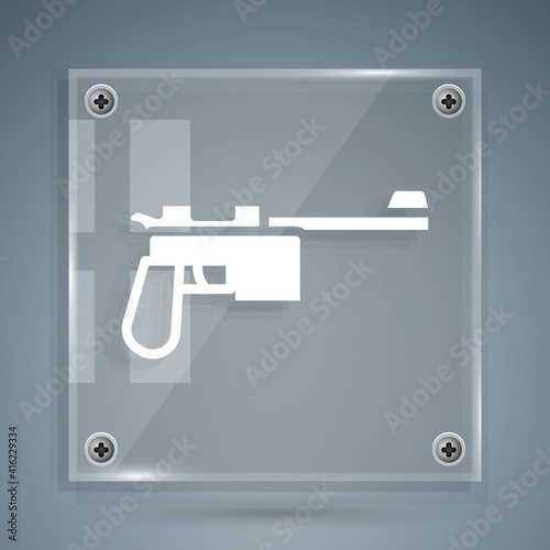 White Mauser gun icon isolated on grey background. Mauser C96 is a semi-automatic pistol. Square glass panels. Vector.