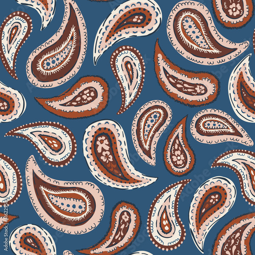 Hand-Drawn Artistic Natural Tones Paisley Vector Seamless Pattern. Boho Traditional Ethnic Fashion Shawl Print. Monochrome Line Painterly Doodle Folk Foulard Texture Background