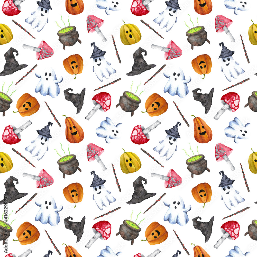 Fototapeta premium Watercolor hand drawn Helloween seamless pattern on white background. Cute Helloween print for paper, covering, wrapping, wallpaper, cards, greetings, design and decoration.