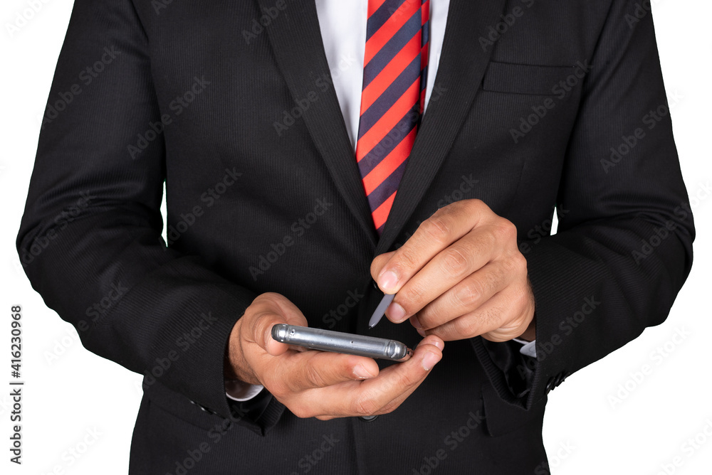 A businessman scrolling and checking emails with touchpen on mobile phone. A businessman scrolling and checking emails with touchpen on mobile phone.