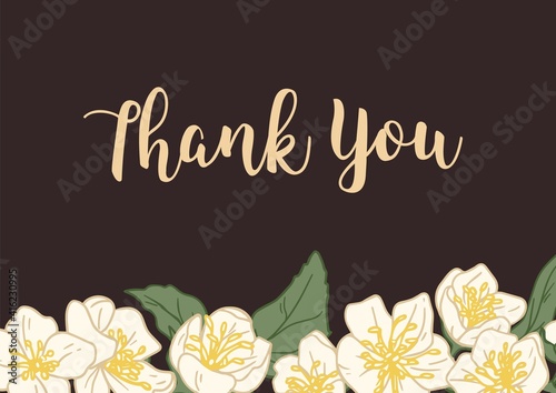 Horizontal template of wedding gratitude card with elegant floral decoration and Thank You inscription. Border of white jasmine flowers on dark background. Hand drawn colored vector illustration © Good Studio