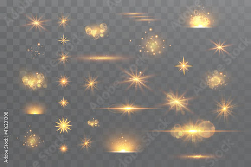 Light effects set, golden stars, bokeh,glittering particles.