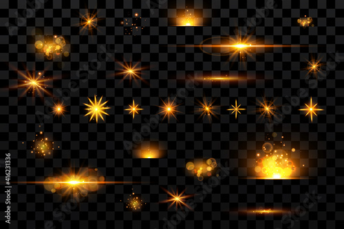 Light effects set, golden stars, bokeh,glittering particles.