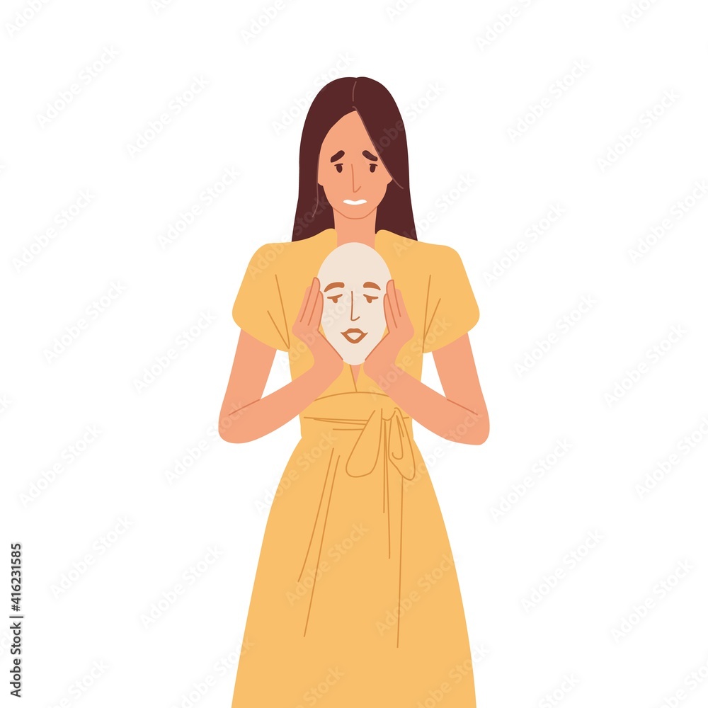 Offended woman hiding her real feelings behind face mask with fake calm emotion. Person disguising offense and psychological problems. Colored flat vector illustration isolated on white background Offended woman hiding her real feelings behind face mask with fake calm emotion. Person disguising offense and psychological problems. Colored flat vector illustration isolated on white background
