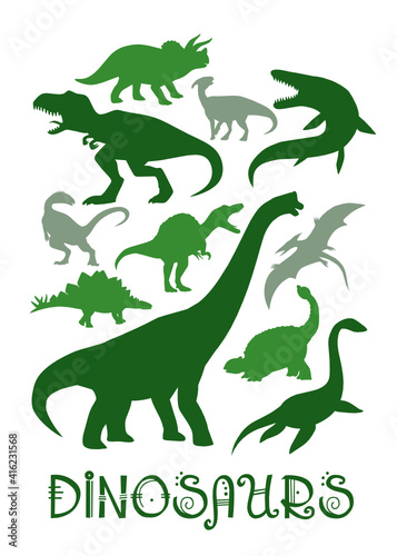Dinosaur Vector illustration silhouette. green dinosaurs  kids dinosaur name prints dark Green  boys bedroom wall art  dino room  kids dinosaur posters.