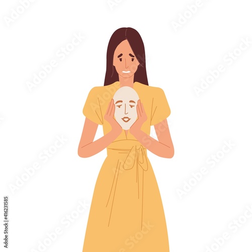 Offended woman hiding her real feelings behind face mask with fake calm emotion. Person disguising offense and psychological problems. Colored flat vector illustration isolated on white background