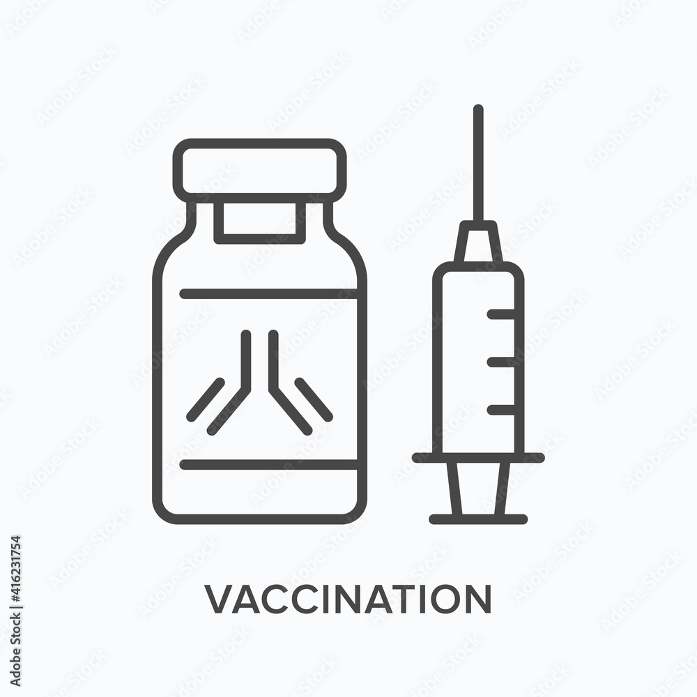 Vaccination flat line icon. Vector outline illustration of syringe and bottle. Black thin linear pictogram for coronavirus protection Vaccination flat line icon. Vector outline illustration of syringe and bottle. Black thin linear pictogram for coronavirus protection