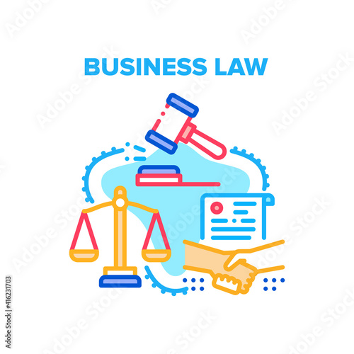 Business Law Vector Icon Concept. Businessman And Partner Lawyer Handshaking After Success Signed Agreement, Business Law Consultation And Advice. Legal Service And Justice Color Illustration