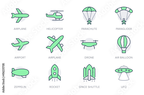 Air transport simple line icons. Vector illustration with minimal icon - airplane, balloon, ufo, helicopter, parachute, shuttle, drone, zeppelin pictogram. Green Color. Editable Stroke