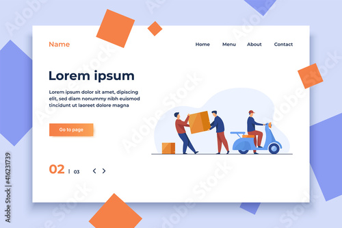 Two loaders carrying big carton box to couriers scooter. Delivery man with moped flat vector illustration. Logistics, delivery, moving, service concept for banner, website design or landing web page
