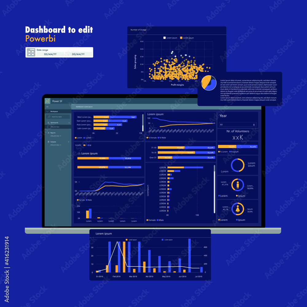 Dashboard interactive template with graphs and charts. Power BI. EPS10