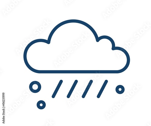 Simple weather icon with rain drops and hail or sleet falling from cloud. Raincloud logo with linear raindrops. Contoured flat vector illustration isolated on white background.