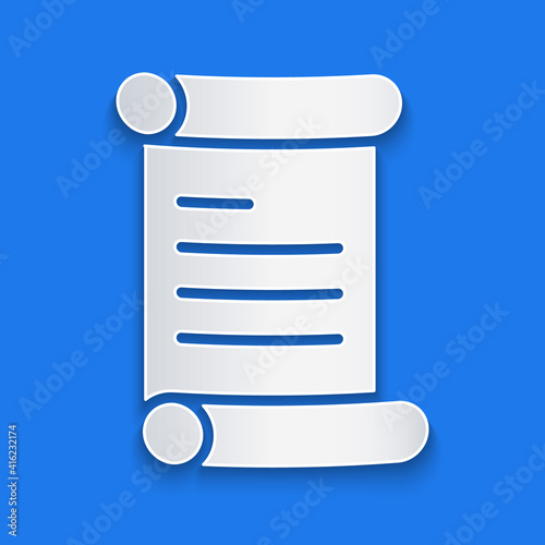 Paper cut Decree, paper, parchment, scroll icon icon isolated on blue background. Paper art style. Vector.