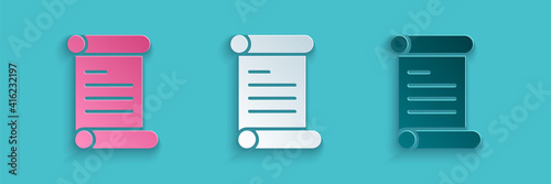 Paper cut Decree, paper, parchment, scroll icon icon isolated on blue background. Paper art style. Vector.