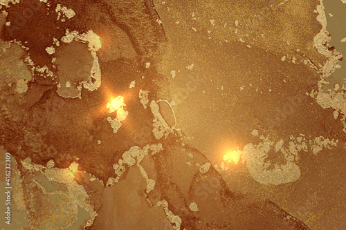 Fortuna gold and orange abstract marble pattern with sparkles. Vector background in alcohol ink technique with glitter. Template for banner, poster design. Fluid art painting