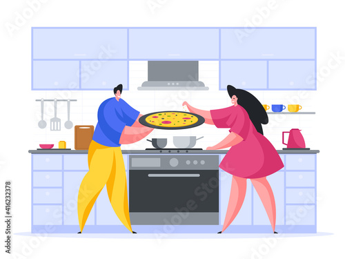 Family cooking pizza at home cartoon illustration vector. Male character is holding large tray with appetizing snack.